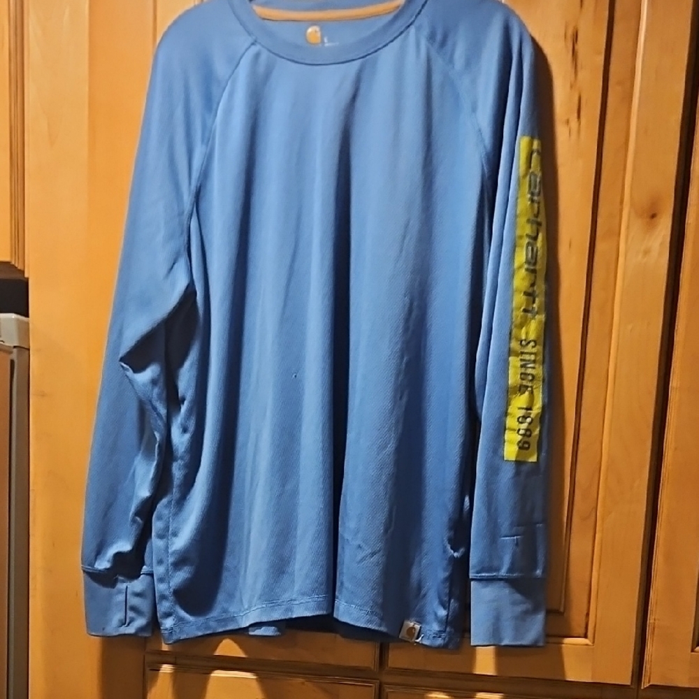 Carhartt Men's Blue Long Sleeve Tee with Yellow Detail